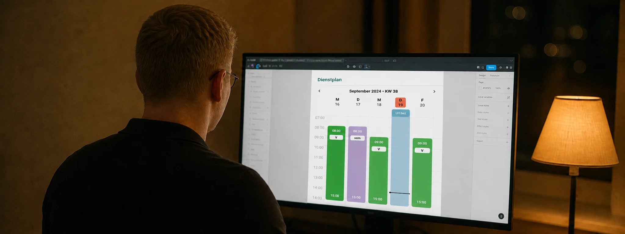 Malte seen from behind, reviewing the Dienstplan app at his desk