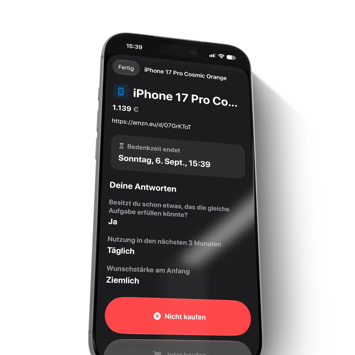 Wartekorb iOS app showing an item waiting before a purchase decision