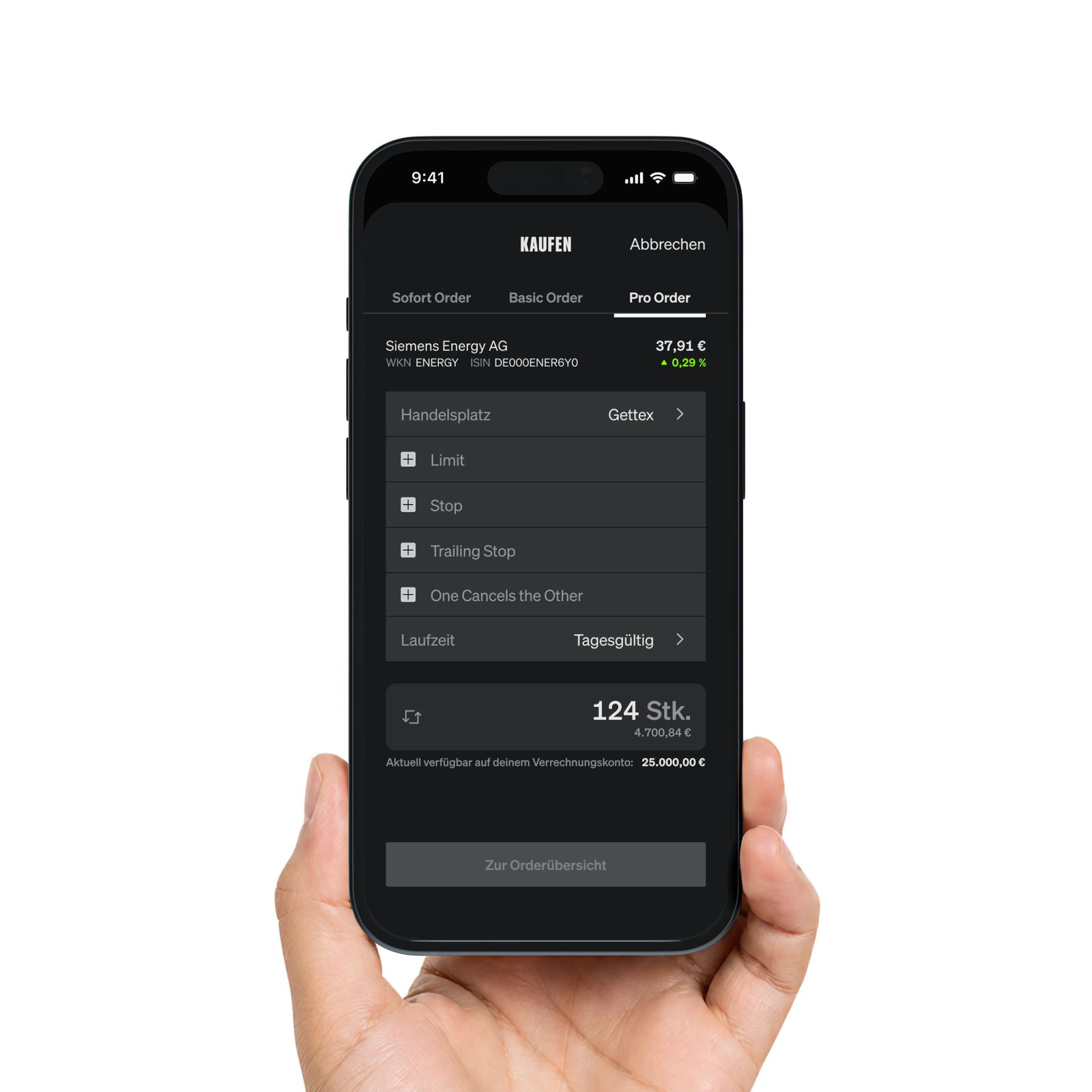 SMARTBROKER+ Pro Order screen on an iPhone held in hand