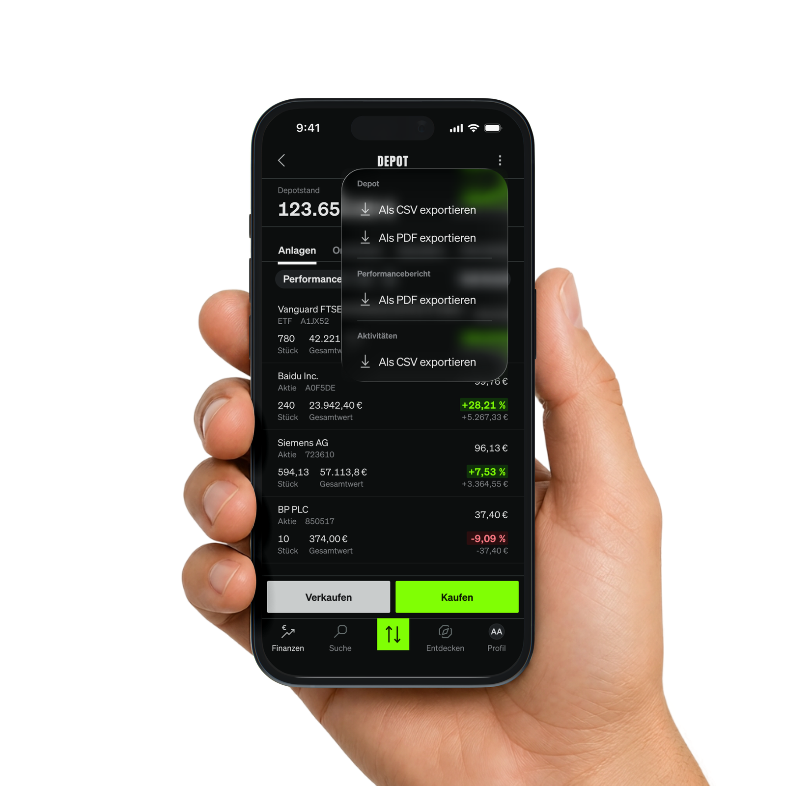 SMARTBROKER+ portfolio export menu on an iPhone