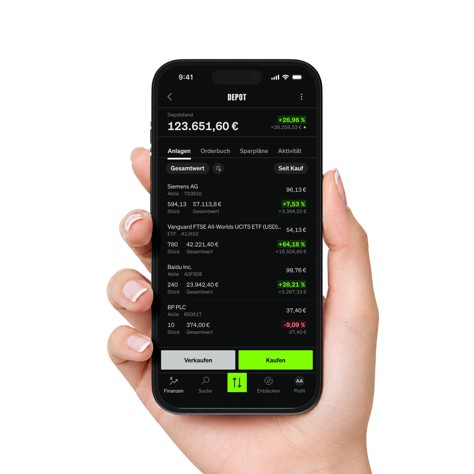 Hand holding an iPhone showing the SMARTBROKER+ portfolio overview