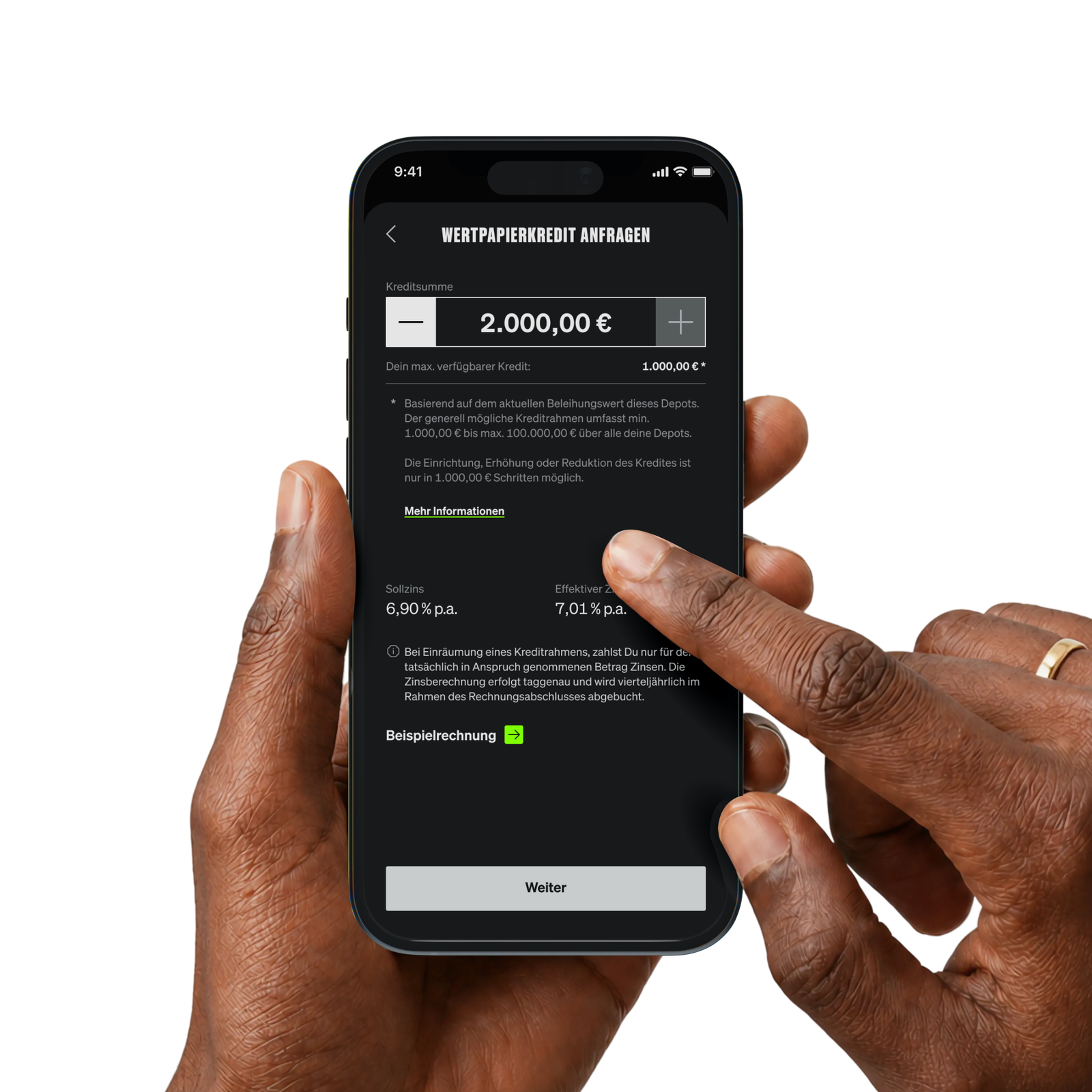 SMARTBROKER+ securities-backed lending request on an iPhone held in hand