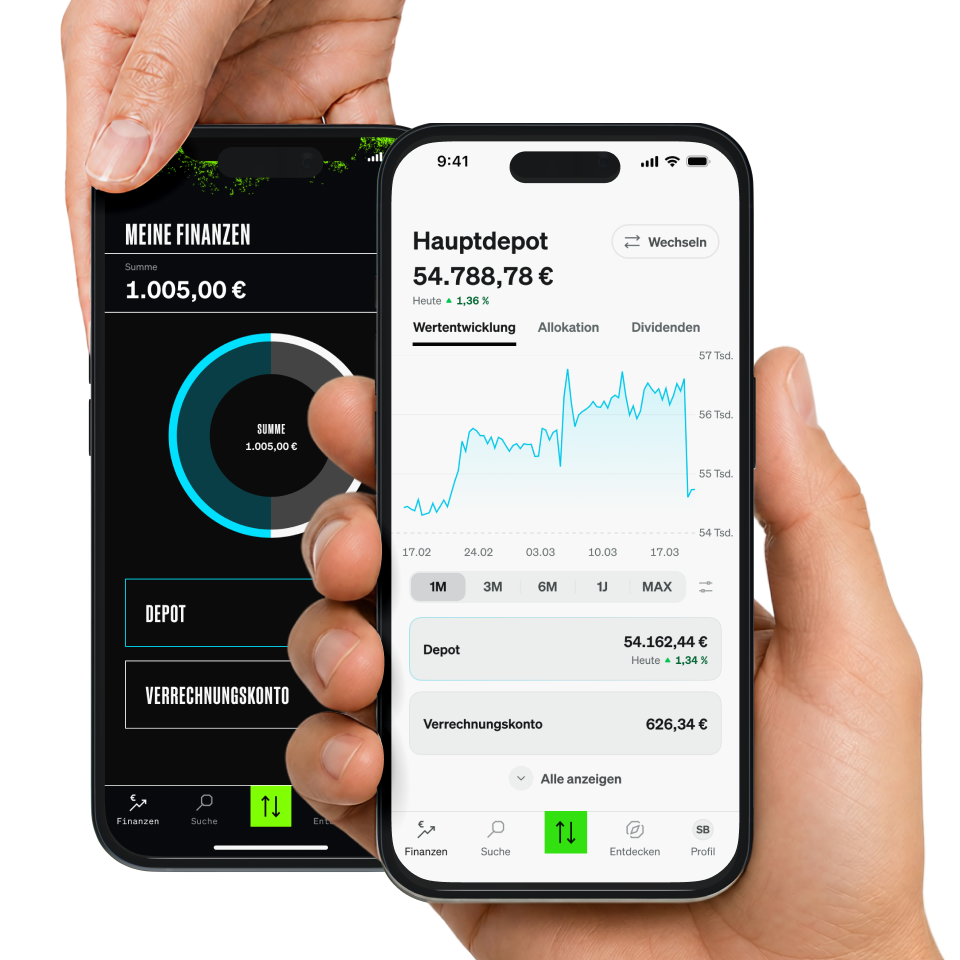 Two SMARTBROKER+ app screens shown on iPhones held in hand