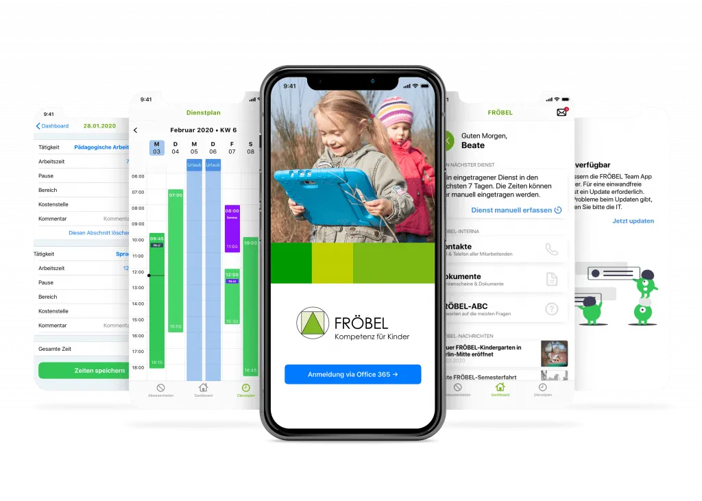 Multiple Screenshots of the FRÖBEL Team App